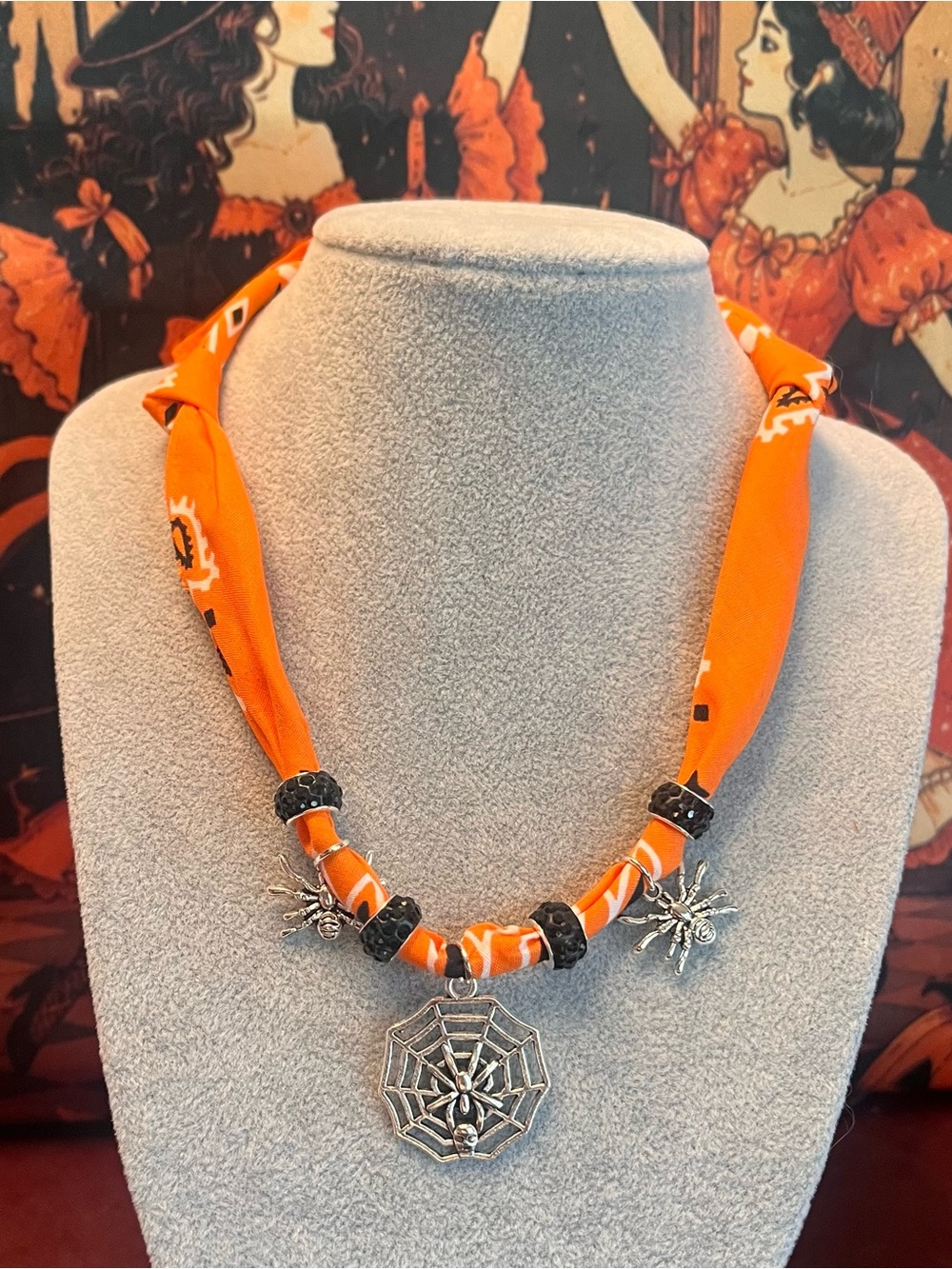 Halloween Spider Web Pendant Necklace - Orange